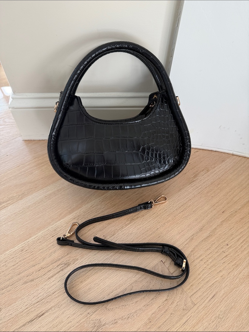 a new day Black Croc-Embossed Mini Bag with Detachable Strap